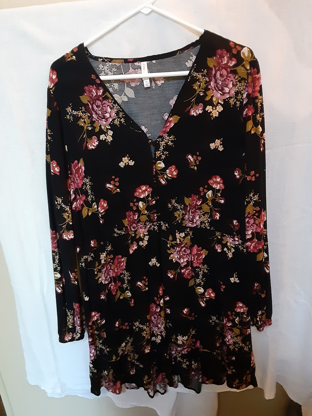 Xhilaration Black Floral Long Sleeve Dress with Pink and Olive Accents